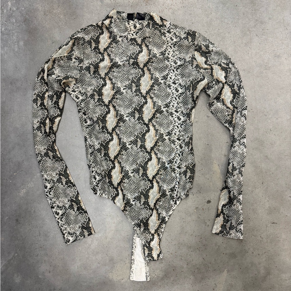 Windsor Snake Print Sheer Mesh Bodysuit Long Sleeve Size M